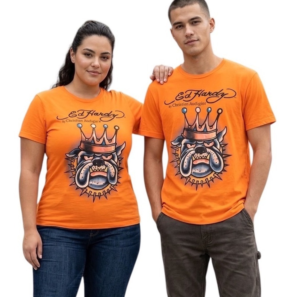 Ed Hardy Christian Audigier Orange Bulldog Crown Graphic Tee Shirt Large USA